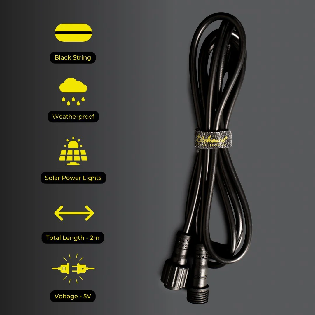 2m Extension Cord for Solar Festoon Bulb String Lights - 5V, Black - Image 3